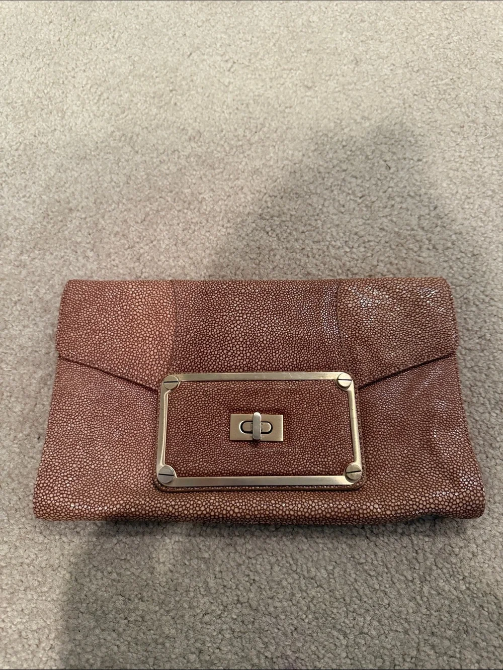 Elegant Metallic Bronze Clutch with Gold Hardware